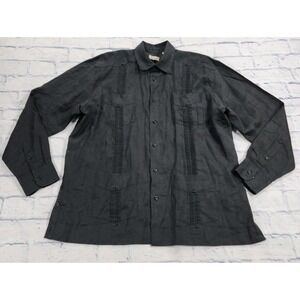 BOHIO MENS XL 100% Linen Lime Green Long Sleeve Button Shirt Guayabera 4 Pocket